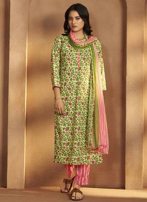 Pista green printed cotton blend straight kurta set with printed dupatta 3