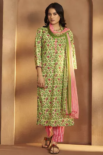 Pista green printed cotton blend straight kurta set with printed dupatta