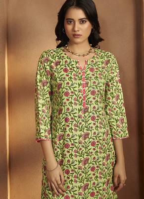 Pista green printed cotton blend straight kurta set with printed dupatta 4