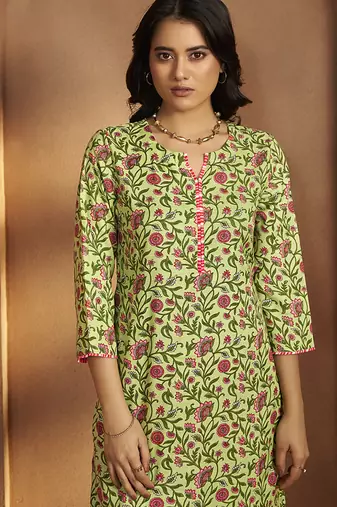 Pista green printed cotton blend straight kurta set with printed dupatta