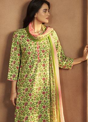 Pista green printed cotton blend straight kurta set with printed dupatta 5