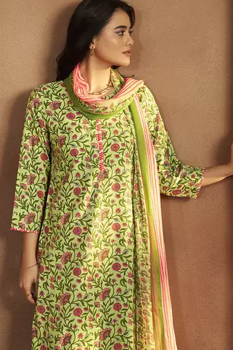 Pista green printed cotton blend straight kurta set with printed dupatta