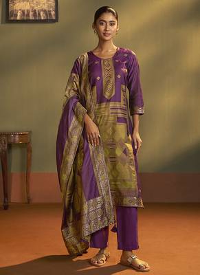 Purple jacquard art silk straight kurta set with dupatta for women 1