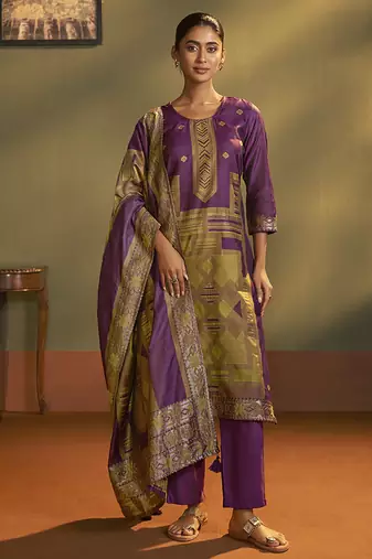 Purple jacquard art silk straight kurta set with dupatta for women