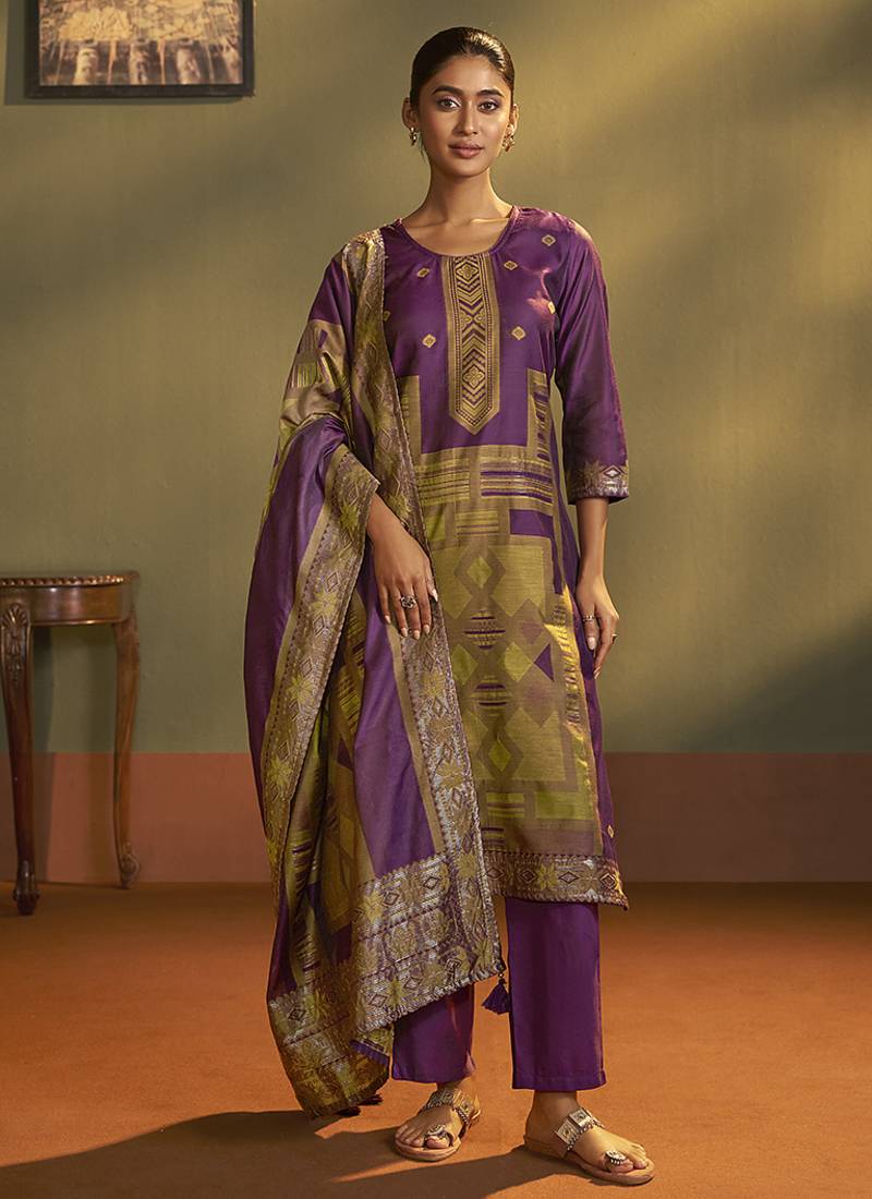 Purple jacquard art silk straight kurta set with dupatta for women
