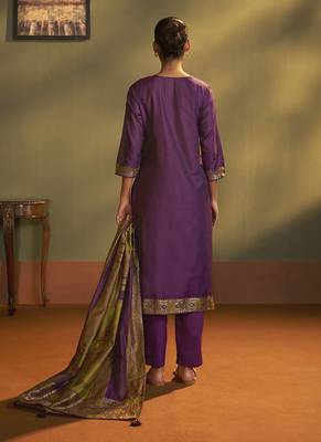 Purple jacquard art silk straight kurta set with dupatta for women 2