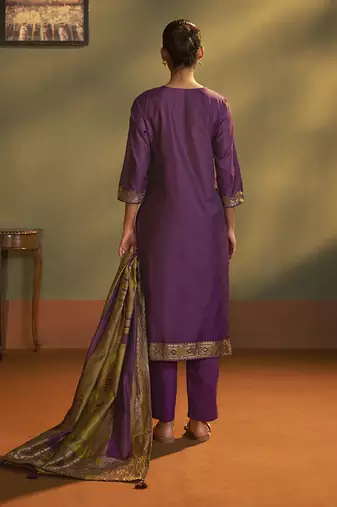 Purple jacquard art silk straight kurta set with dupatta for women
