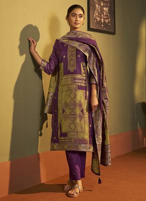 Purple jacquard art silk straight kurta set with dupatta for women 3