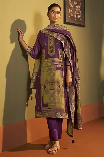 Purple jacquard art silk straight kurta set with dupatta for women