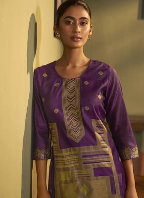 Purple jacquard art silk straight kurta set with dupatta for women 4