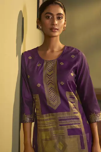Purple jacquard art silk straight kurta set with dupatta for women