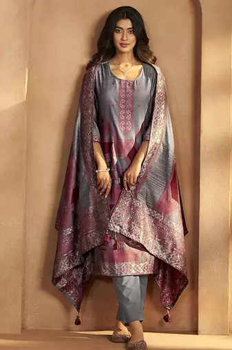 Grey jacquard art silk straight kurta set with dupatta for women