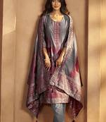 Grey jacquard art silk straight kurta set with dupatta for women