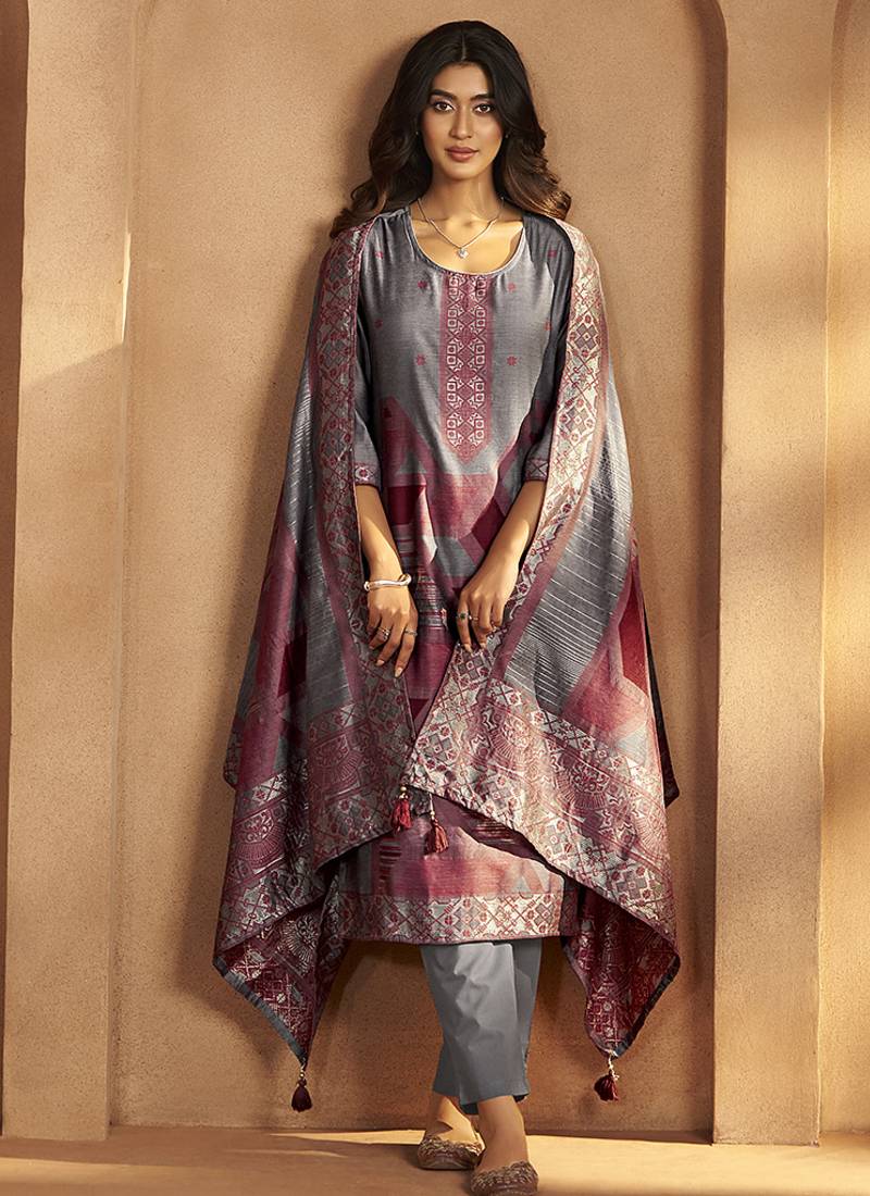 Grey jacquard art silk straight kurta set with dupatta for women