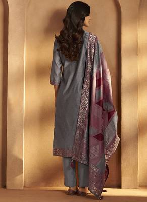 Grey jacquard art silk straight kurta set with dupatta for women 2