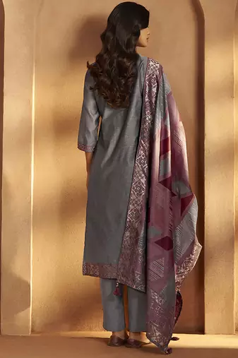 Grey jacquard art silk straight kurta set with dupatta for women