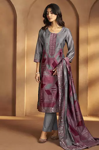 Grey jacquard art silk straight kurta set with dupatta for women