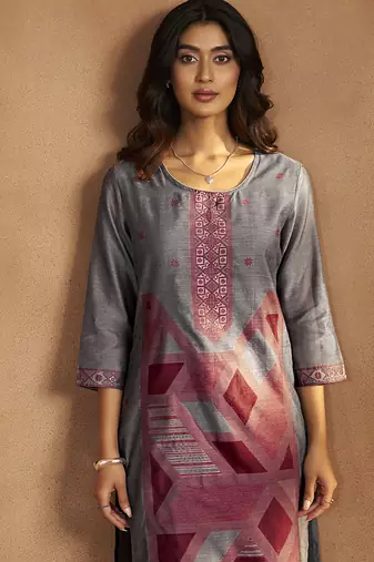 Grey jacquard art silk straight kurta set with dupatta for women