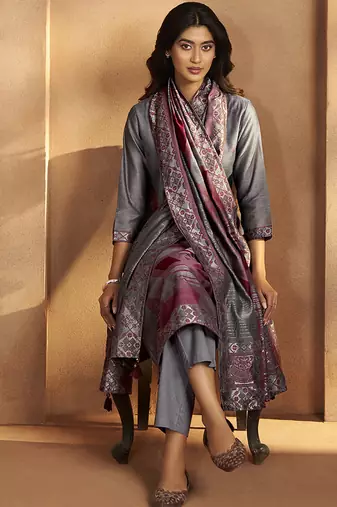 Grey jacquard art silk straight kurta set with dupatta for women
