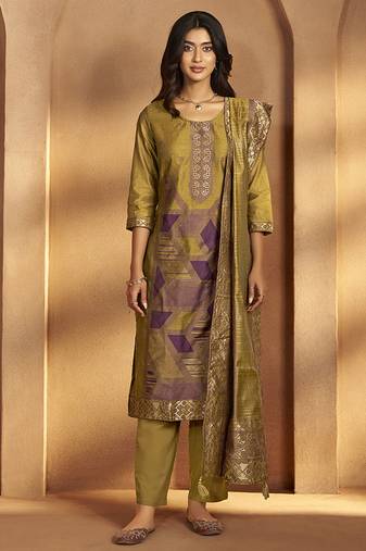 Mustard jacquard art silk straight kurta set with dupatta for women