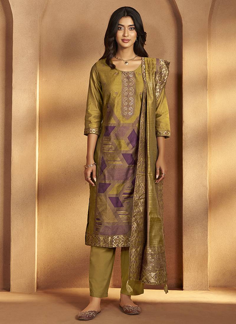 Mustard jacquard art silk straight kurta set with dupatta for women