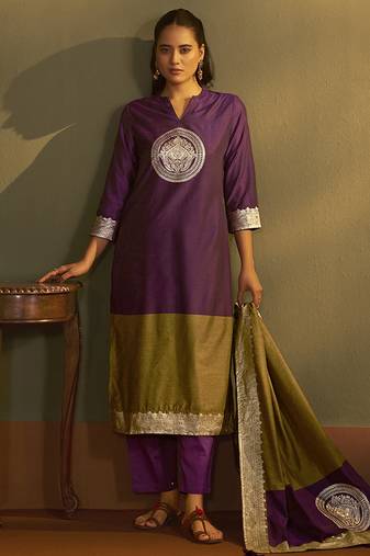 Wine jacquard art silk straight kurta set with dupatta