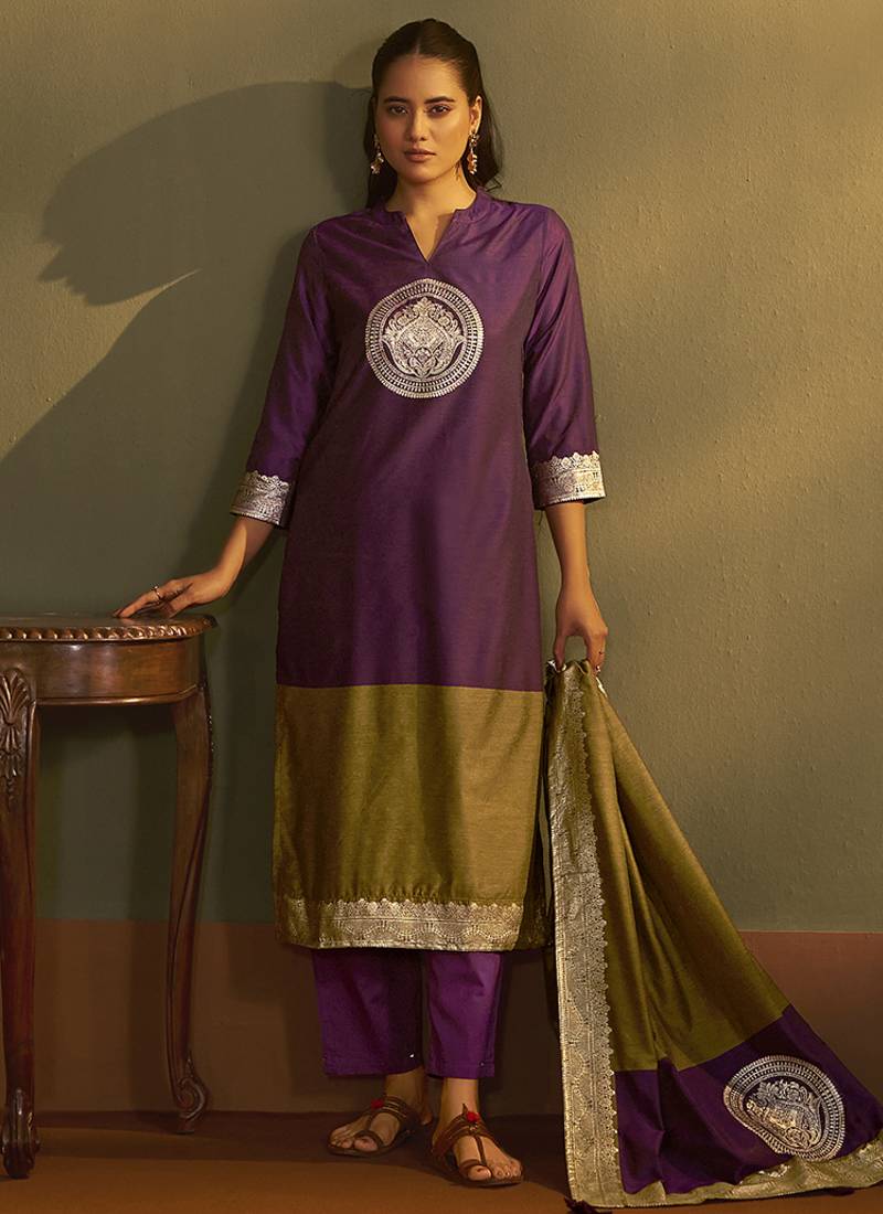 Wine jacquard art silk straight kurta set with dupatta