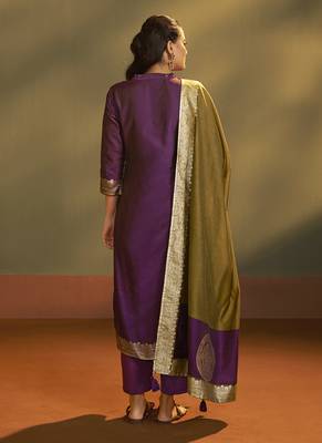 Wine jacquard art silk straight kurta set with dupatta 2
