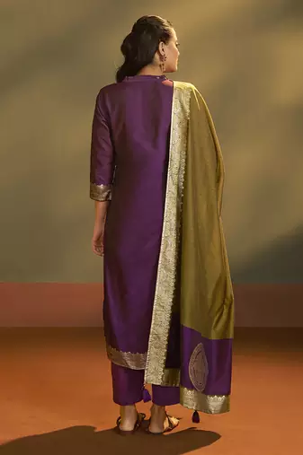 Wine jacquard art silk straight kurta set with dupatta