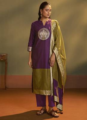 Wine jacquard art silk straight kurta set with dupatta 3