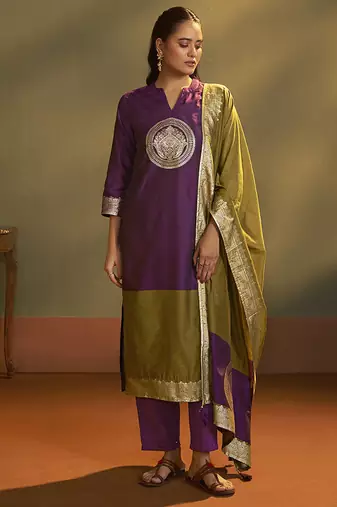 Wine jacquard art silk straight kurta set with dupatta