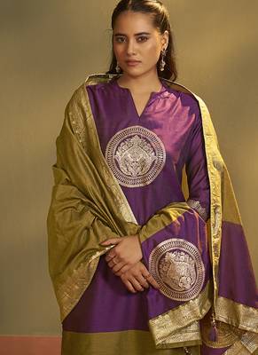 Wine jacquard art silk straight kurta set with dupatta 4