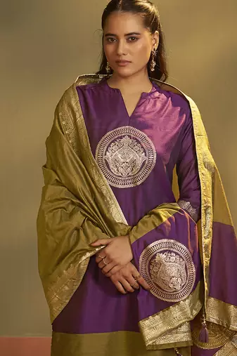 Wine jacquard art silk straight kurta set with dupatta