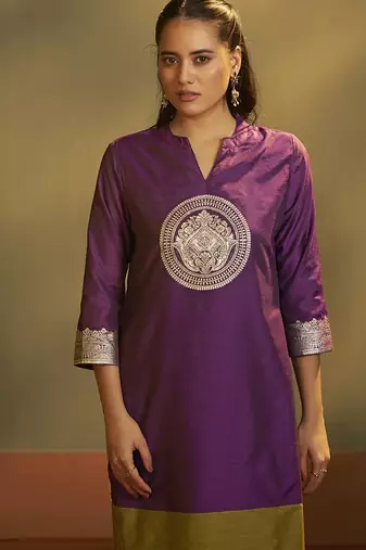 Wine jacquard art silk straight kurta set with dupatta