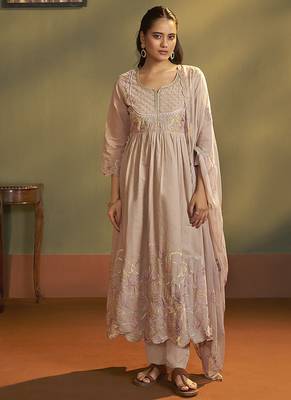 Peach embroidered with handwork pure cotton anarkali kurta set with dupatta for women 1