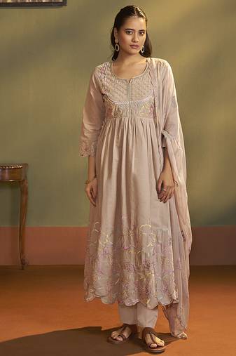 Peach embroidered with handwork pure cotton anarkali kurta set with dupatta for women