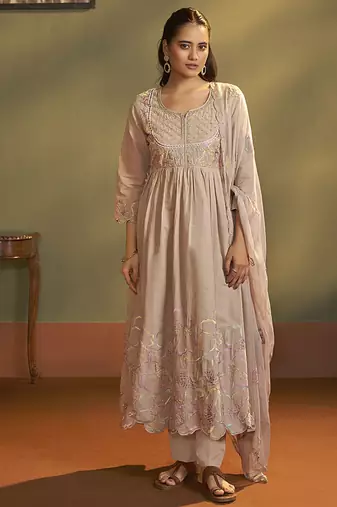Peach embroidered with handwork pure cotton anarkali kurta set with dupatta for women