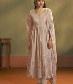 Peach embroidered with handwork pure cotton anarkali kurta set with dupatta for women