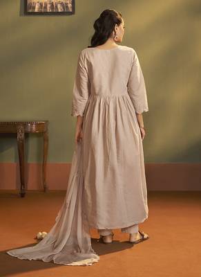 Peach embroidered with handwork pure cotton anarkali kurta set with dupatta for women 2