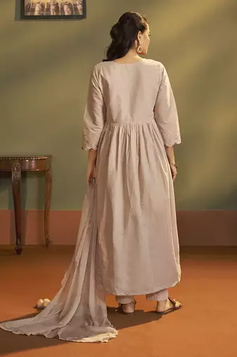 Peach embroidered with handwork pure cotton anarkali kurta set with dupatta for women
