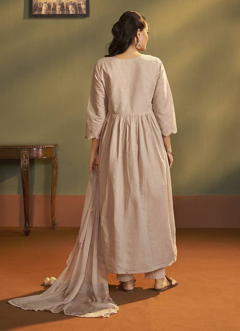 Peach embroidered with handwork pure cotton anarkali kurta set with dupatta for women