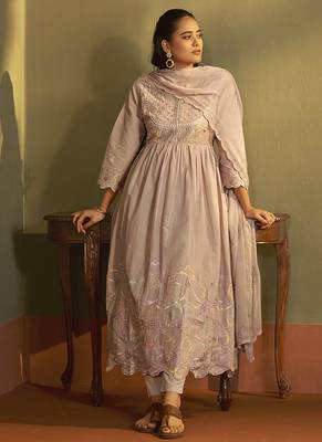 Peach embroidered with handwork pure cotton anarkali kurta set with dupatta for women 3
