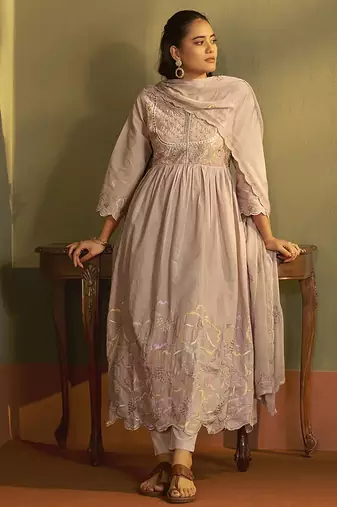 Peach embroidered with handwork pure cotton anarkali kurta set with dupatta for women