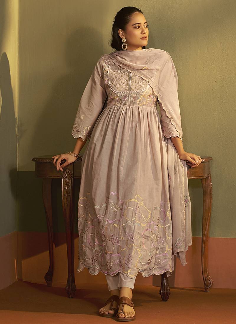 Peach embroidered with handwork pure cotton anarkali kurta set with dupatta for women