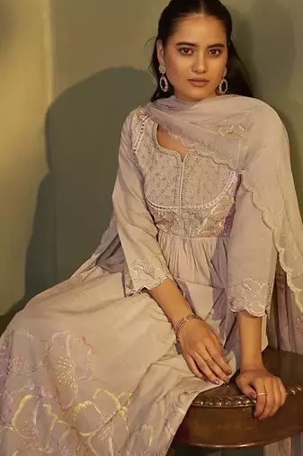 Peach embroidered with handwork pure cotton anarkali kurta set with dupatta for women