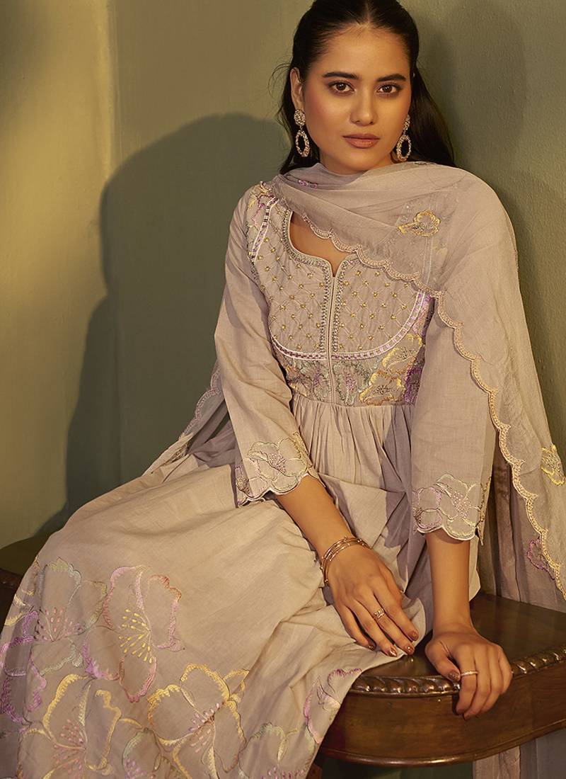 Peach embroidered with handwork pure cotton anarkali kurta set with dupatta for women