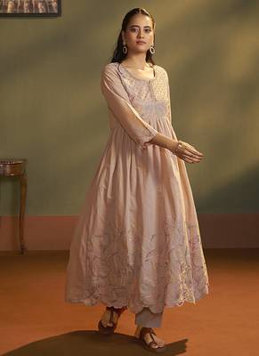 Peach embroidered with handwork pure cotton anarkali kurta set with dupatta for women 5