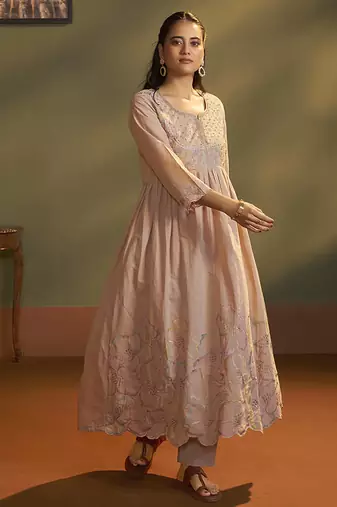 Peach embroidered with handwork pure cotton anarkali kurta set with dupatta for women