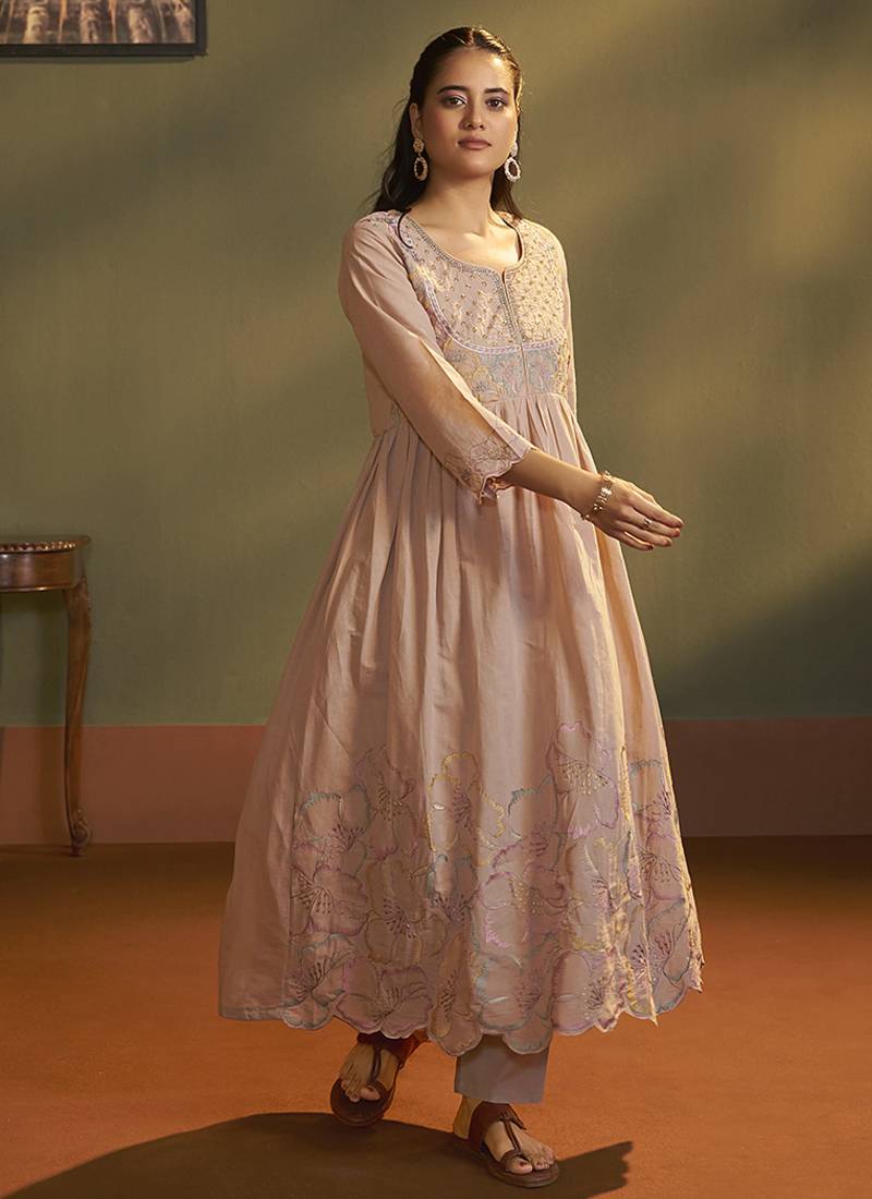 Peach embroidered with handwork pure cotton anarkali kurta set with dupatta for women