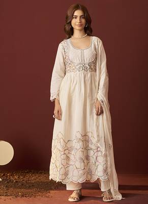 Cream embroidered with handwork pure cotton anarkali kurta set with dupatta for women 1